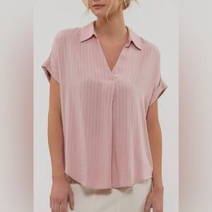 Blu Pepper Blush Damask Stripe Split Neck Collar Hi-Lo Hem Women's Blouse Large